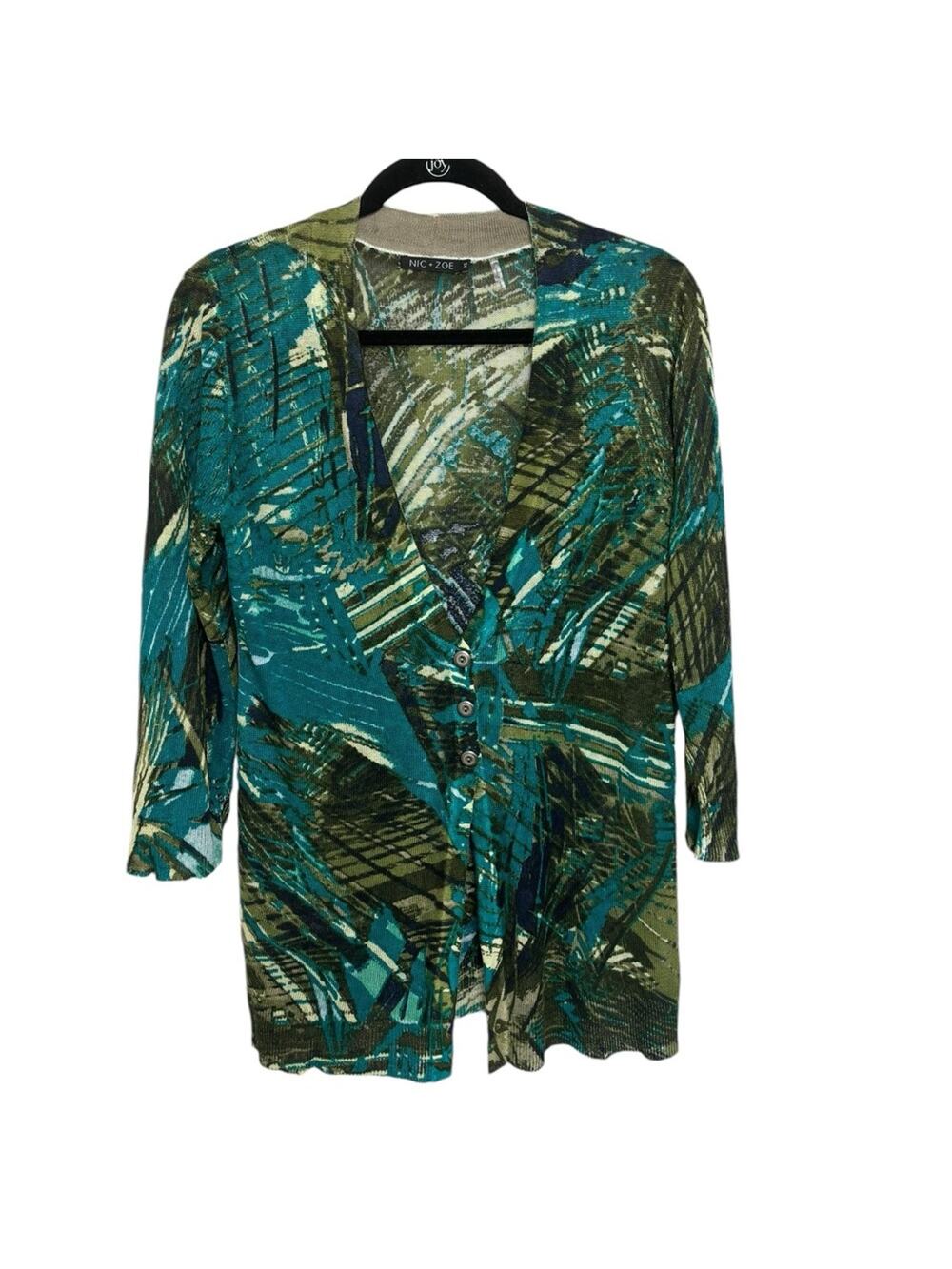 Nic + Zoe Linen Blend Abstract Leaf Print Cardigan - Size XS
